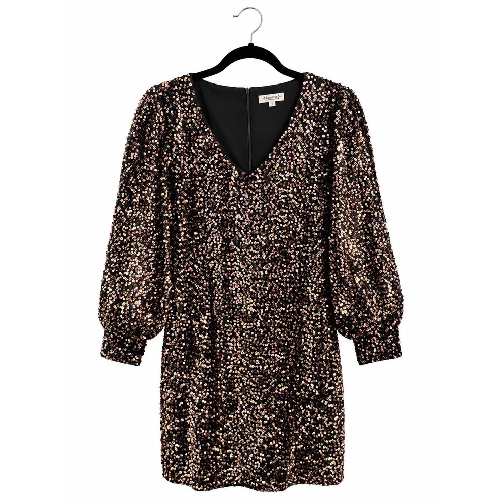 Nanette Lepore Rose Gold Sequin V-Neck Long Sleeve Dress 14 Holiday Party Glam